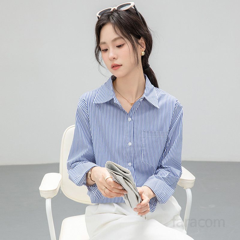 여성 스트라이프 긴팔 셔츠 얇고 루즈한 폴로 칼라 캐주얼한 여름 데일리 스타일 시원한 착용감 편안한 외출용 - 상세 이미지 3