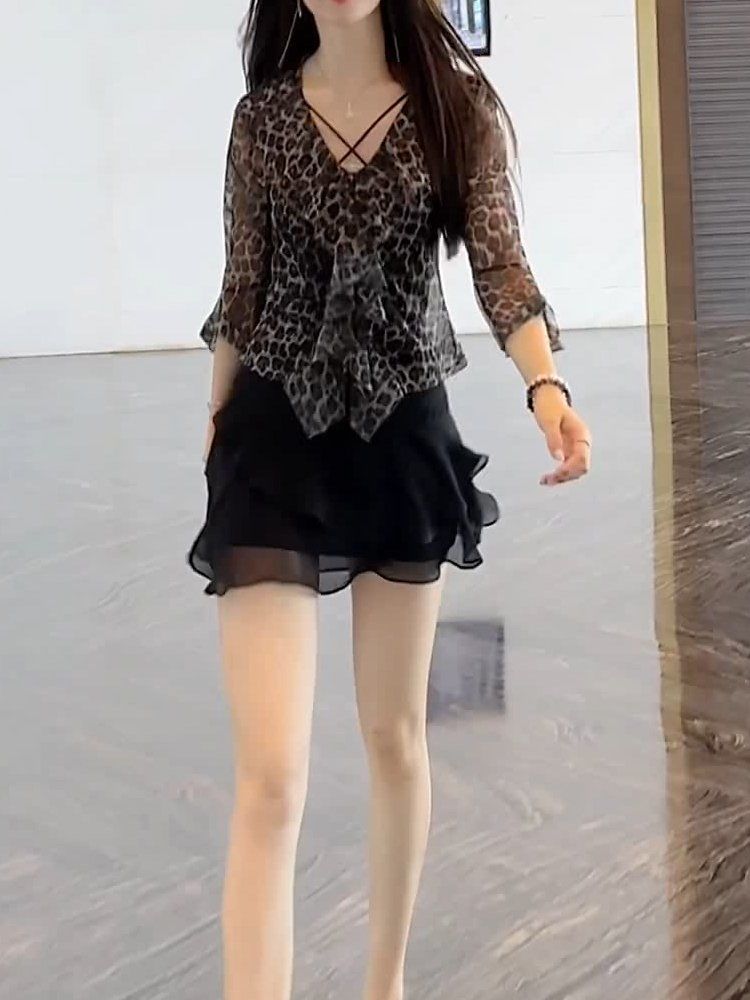 여성 레오파드 블라우스 표범 프린트 셔츠 우아한 섹시룩 - 상세 이미지 2