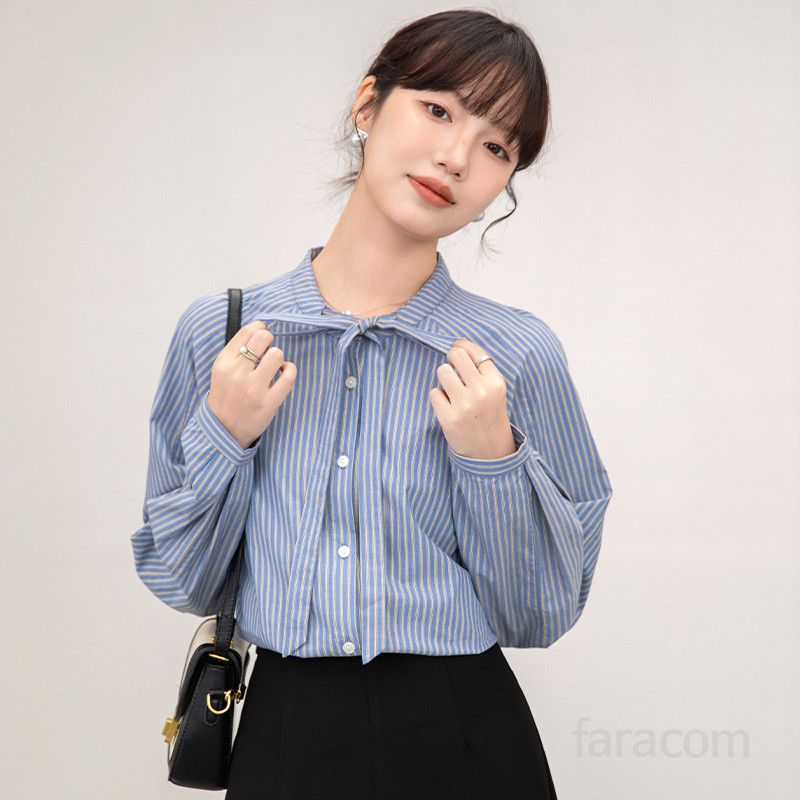여성 슬림핏 레트로 스트라이프 셔츠 긴팔 레이스업 탑 세련된 블라우스 스타일 데일리 캐주얼 룩 봄 가을용 모던한 매력 - 상세 이미지 2
