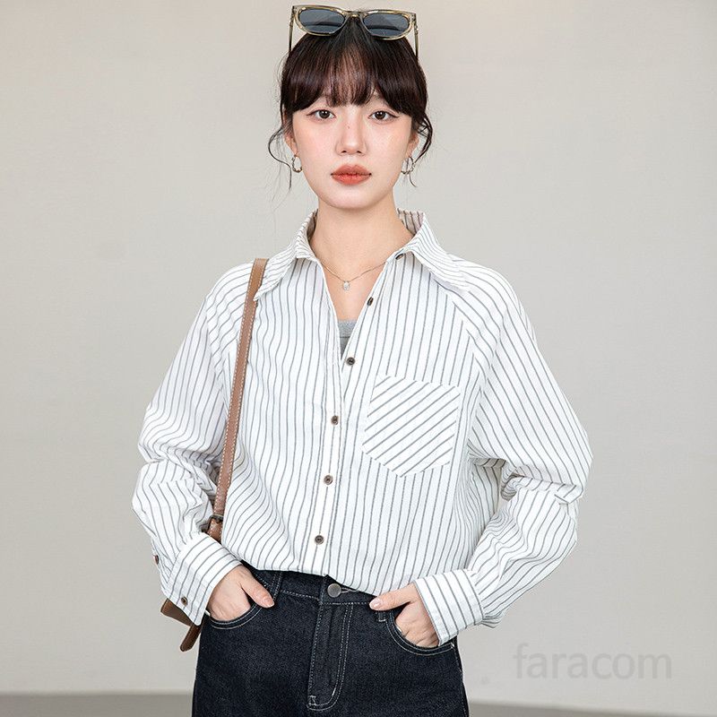 여성 스트라이프 긴팔 셔츠 가을 캐주얼 슬림핏 코튼 남방 데일리 오버핏 스타일 구김없는 편안한 착용감 다용도 디자인 - 상품 이미지
