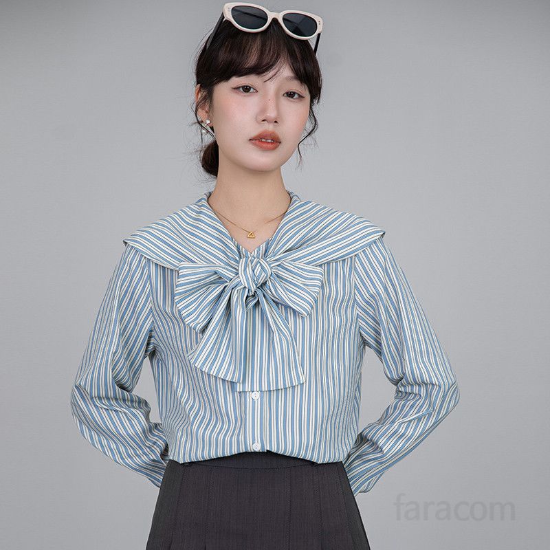 여성 루즈핏 스트라이프 셔츠 네이비 칼라 긴팔 프렌치 디자인 봄 스타일 구김없는 캐주얼 블라우스 데일리 패션 편안한 착용감 - 상세 이미지 4