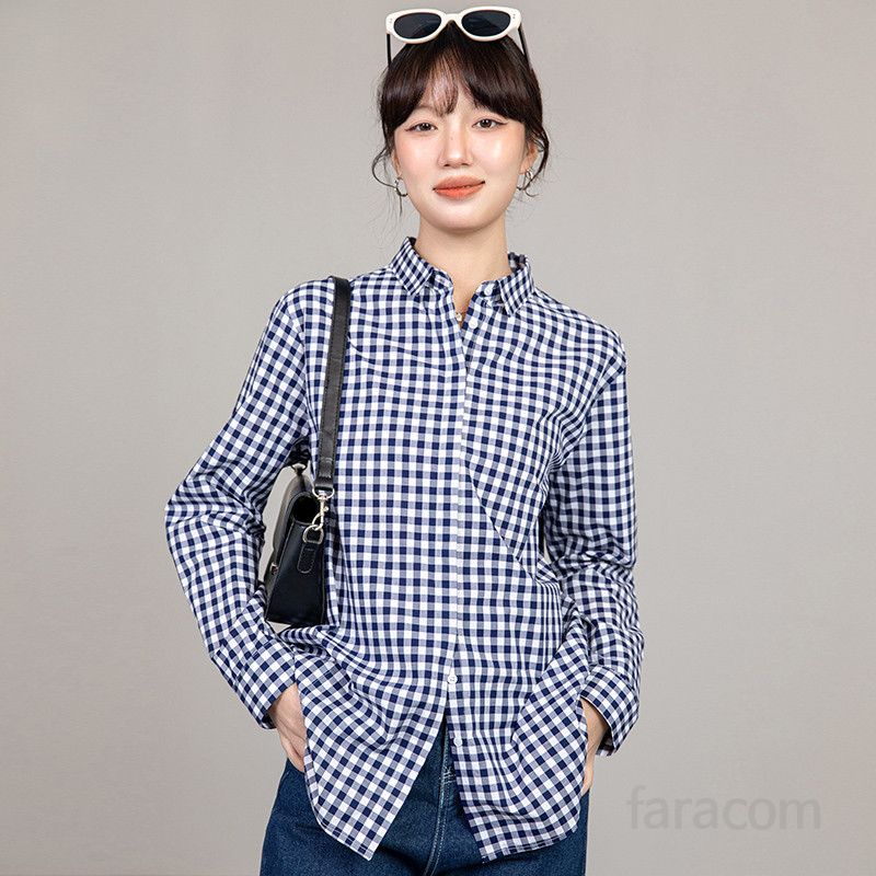 여성 긴팔 코튼 셔츠 파란색 체크 패턴 스타일리시한 세련된 디자인 캐주얼한 기질 편안한 착용감 데일리 간절기용 상의 - 상세 이미지 5