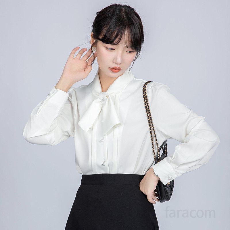 여성 리본 새틴 화이트 셔츠 우아한 봄여름 블라우스 데일리룩 인터뷰 오피스룩 통기성 좋은 편안한 착용감 시스루 스타일 매력적인 디자인 - 상세 이미지 4