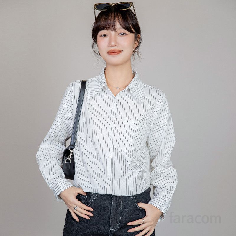 여성 스트라이프 셔츠 봄 출근용 루즈핏 코튼 탑 세로 패턴 구김없는 스타일리시한 데일리룩 편안한 착용감 레트로 패션 - 상품 이미지
