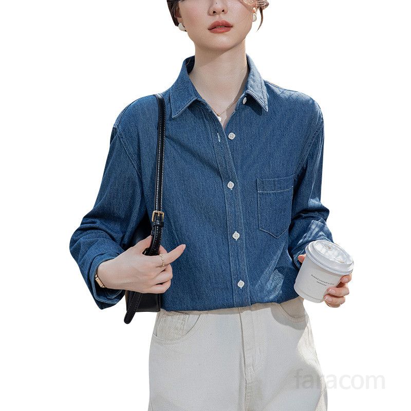 여성 데님 셔츠 루즈핏 긴팔 캐주얼 봄가을 레트로 홍콩 스타일 코튼 소재 편안한 일상 외출용 스타일링 모던한 디자인 - 상세 이미지 5