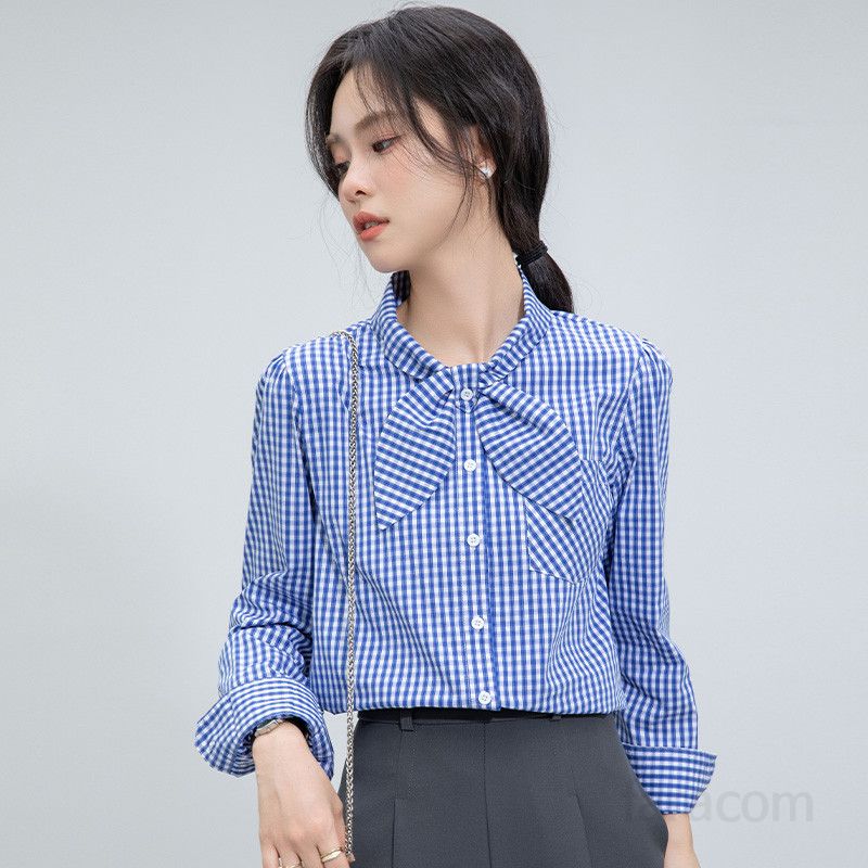 여성 고급 레이스 긴팔 셔츠 프렌치 스타일 블라우스 봄 가을 데일리 루즈핏 캐주얼 착용감 편안한 빈티지 감성 코디 가능한 플레드 디자인 - 상세 이미지 3