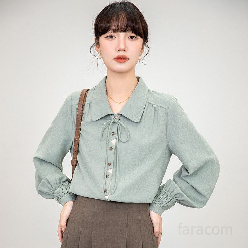 여성용 브러시드 긴팔 셔츠 빈티지 스타일 봄 가을 블라우스 세련된 디자인 데일리 룩 스타일링 쉬운 캐주얼 탑 편안한 착용감 모던한 패션 아이템 - 상세 이미지 5