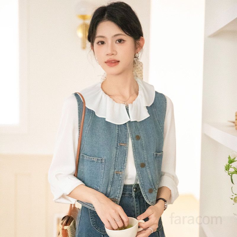 여성 데님 조끼 레이어드 여름 셔츠 스타일 캐주얼 재킷 실용성 높은 데일리룩 가벼운 착용감으로 여행 및 외출에 적합한 트렌디한 디자인 - 상품 이미지