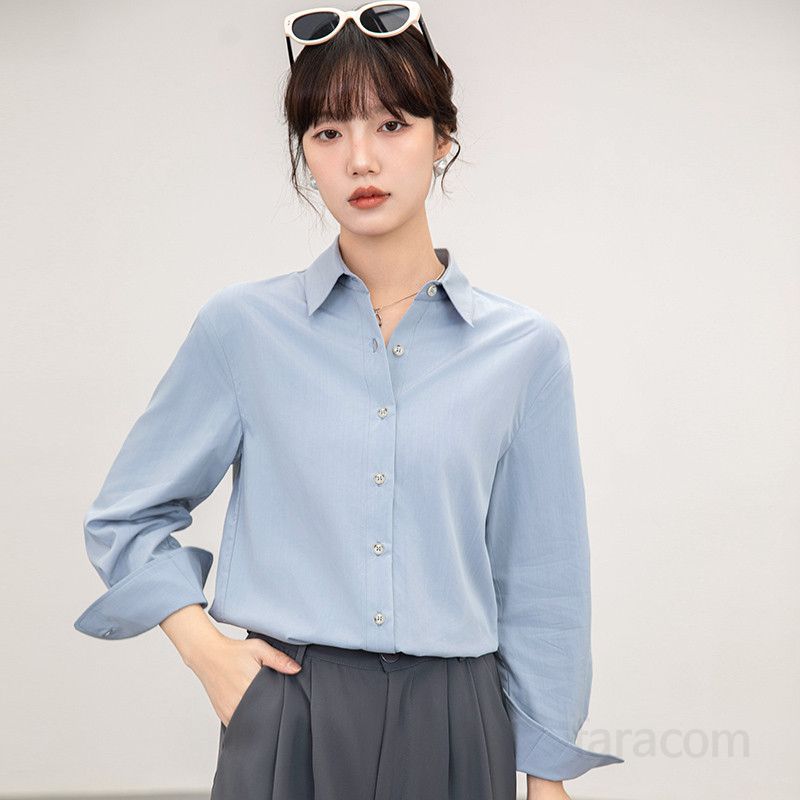 여성용 블루 드레이프 셔츠 봄 가을 정장 스타일 면접복 이너 탑 캐주얼한 착용감 통근용 데일리 셔츠 블라우스 - 상세 이미지 5