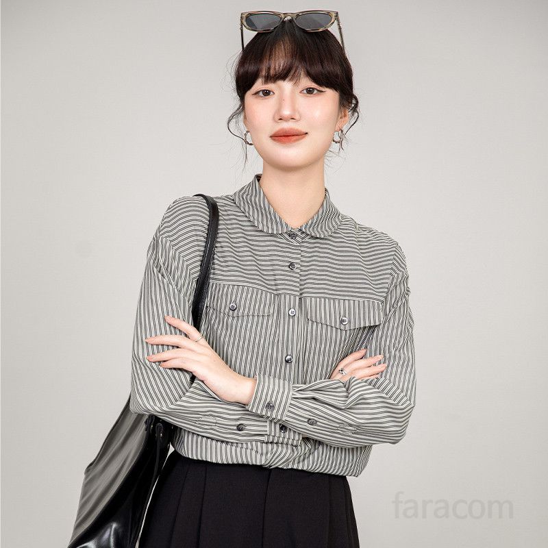 여성 블랙 스트라이프 셔츠 봄 가을용 루즈핏 클래식한 스타일 구김없는 캐주얼 출퇴근용 편안한 착용감 데일리 여성의류 - 상세 이미지 4