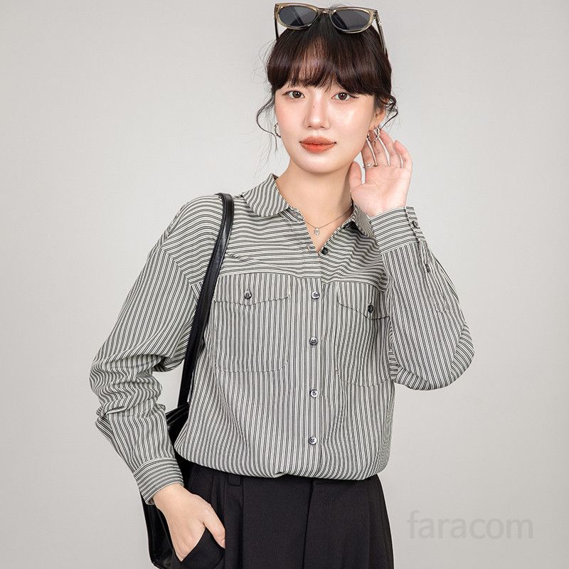 여성 블랙 스트라이프 셔츠 봄 가을용 루즈핏 클래식한 스타일 구김없는 캐주얼 출퇴근용 편안한 착용감 데일리 여성의류 - 상품 이미지