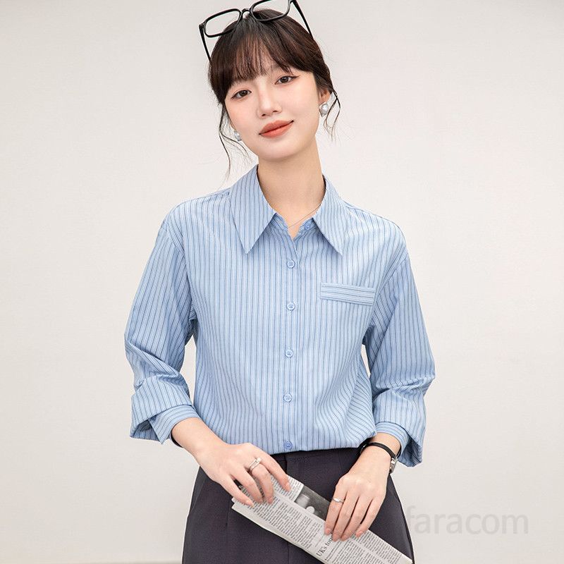 스트라이프 여성셔츠 가을용 세련된 디자인의 긴팔 셔츠 여유로운 핏 데일리룩 이너탑 활용 가능 여성셔츠자켓 구김없는 편안한 착용감 - 상세 이미지 5