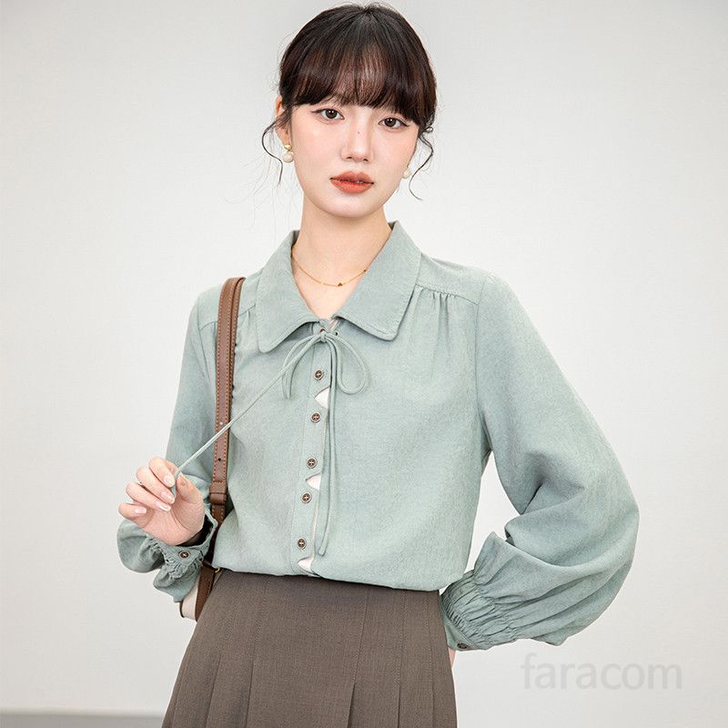 여성용 브러시드 긴팔 셔츠 빈티지 스타일 봄 가을 블라우스 세련된 디자인 데일리 룩 스타일링 쉬운 캐주얼 탑 편안한 착용감 모던한 패션 아이템 - 상세 이미지 3