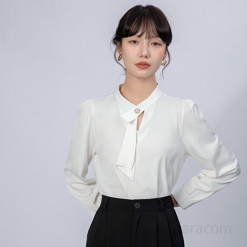 화이트 새틴 리본 블라우스 여성용 가을 긴팔 상의 고급스러운 통근용 셔츠 스타일리시한 루즈핏 데일리 패션 - 상품 이미지