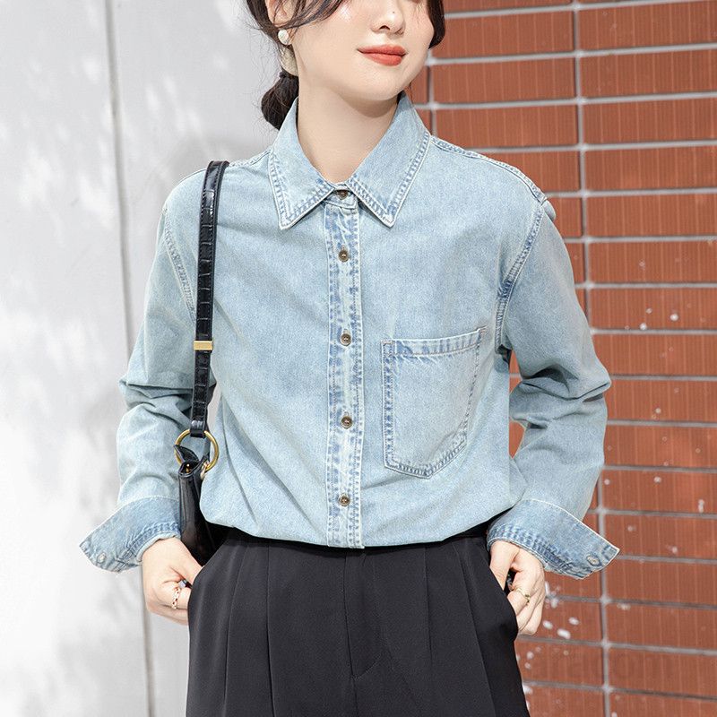 여성용 데님 셔츠 루즈핏 긴팔 캐주얼 레이어드 봄 가을 스타일 청남방 시크한 레트로 디자인 편안한 착용감 데일리 홍콩 감성 - 상세 이미지 2