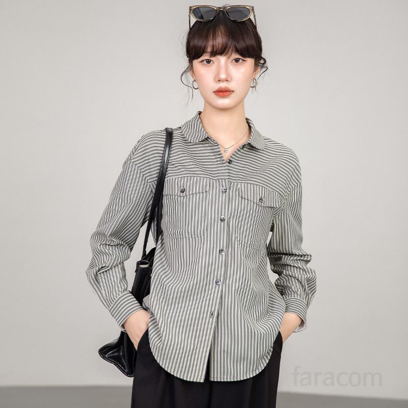 여성 블랙 스트라이프 셔츠 봄 가을용 루즈핏 클래식한 스타일 구김없는 캐주얼 출퇴근용 편안한 착용감 데일리 여성의류 - 상세 이미지 5