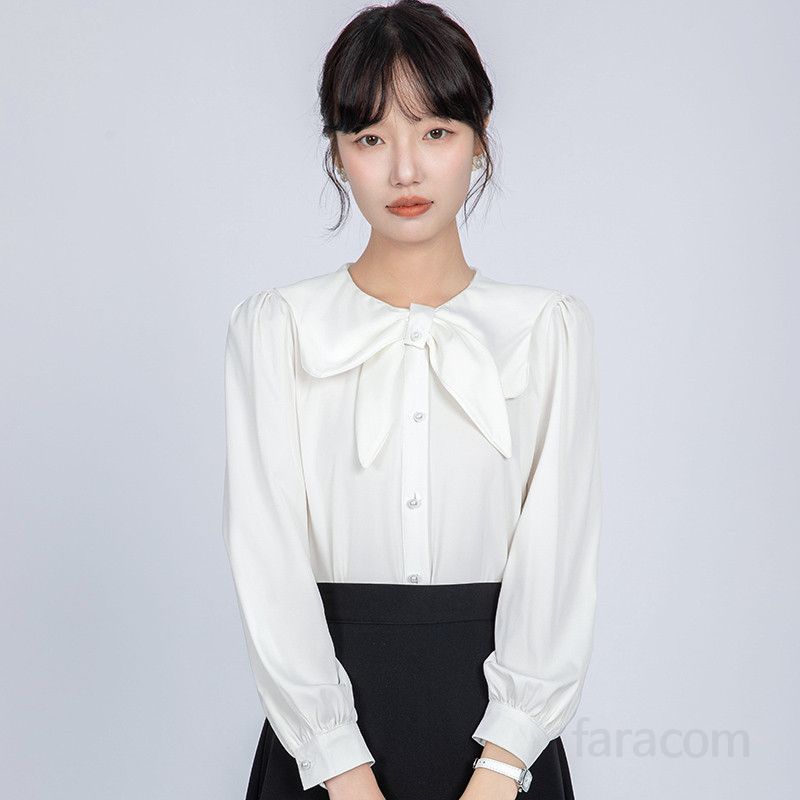 리본타이 새틴 화이트 블라우스 여성용 루즈핏 긴팔 가을 데일리 스타일 통근용 우아한 디자인 편안한 착용감 - 상세 이미지 2