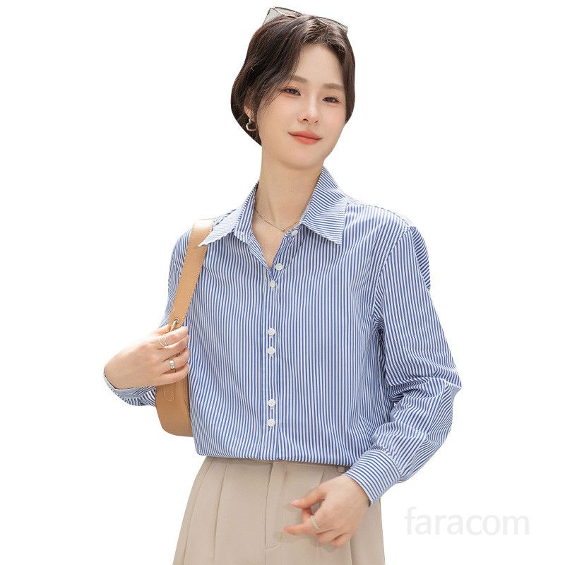 여성 스트라이프 셔츠 긴팔 캐주얼 루즈핏 봄 가을 데일리 시원한 착용감 블라우스 코디 쉬운 편안한 외출용 스타일리시한 디자인 - 상세 이미지 5