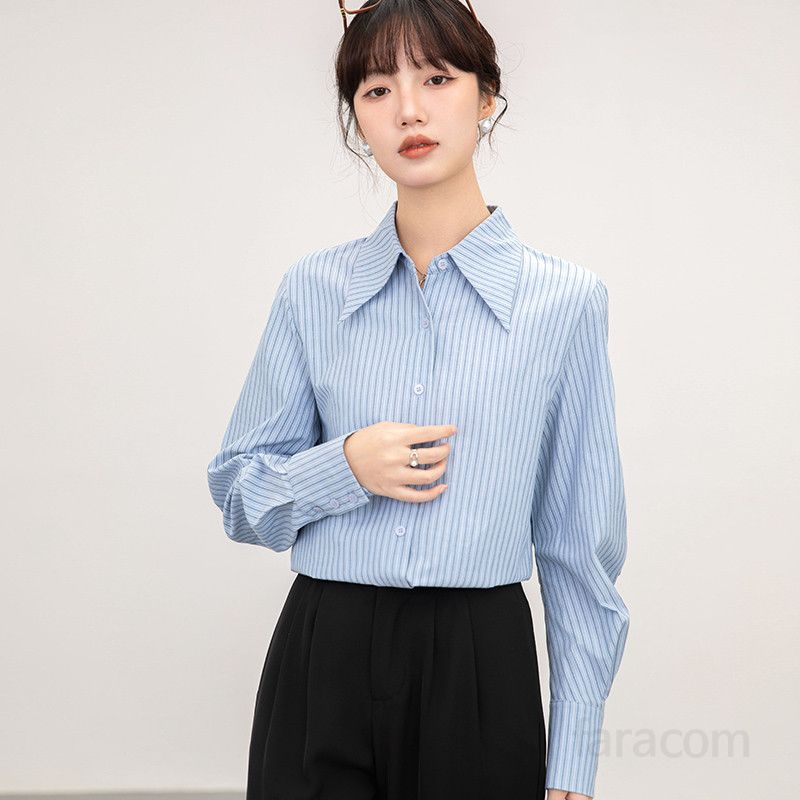 여성 스트라이프 루즈핏 셔츠 봄 가을 데일리 블라우스 구김없는 캐주얼 옥스포드 스타일 통근용 편안한 착용감 모던한 패션 아이템 - 상세 이미지 2