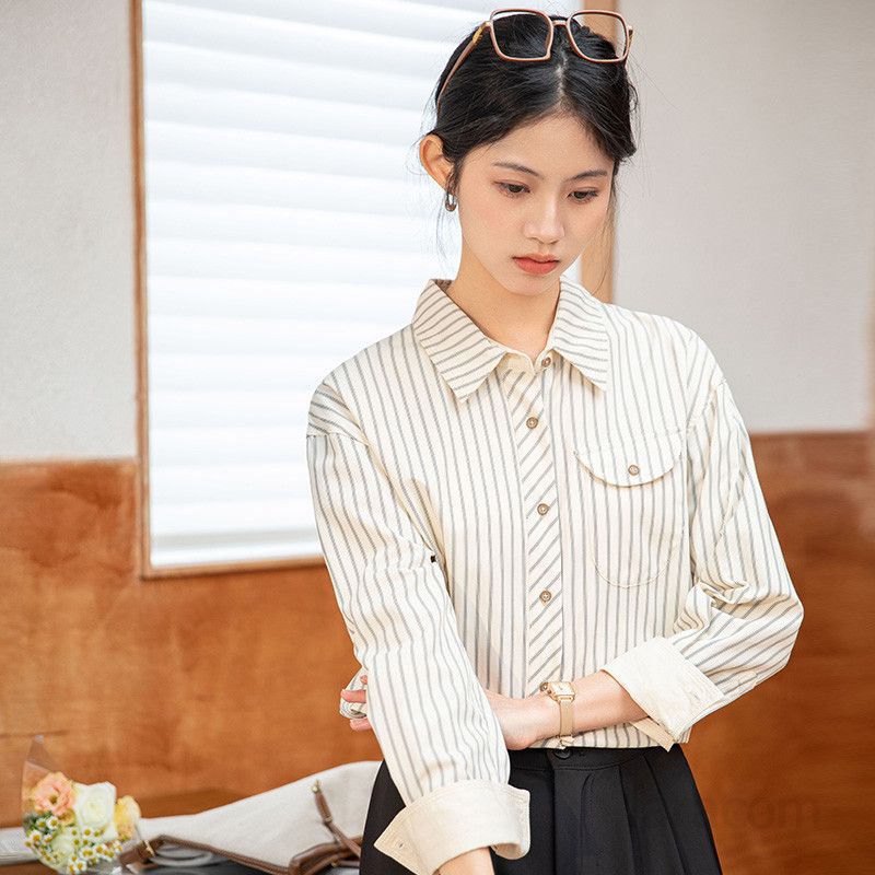 여성 스트라이프 긴팔 루즈핏 셔츠 얇은 폴로 칼라 데일리 캐주얼 스타일 시원한 착용감 여름용 외출 여행 코튼 소재 - 상세 이미지 4