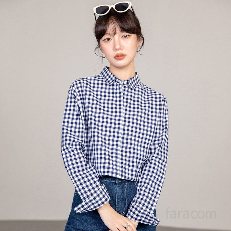 여성 긴팔 코튼 셔츠 파란색 체크 패턴 스타일리시한 세련된 디자인 캐주얼한 기질 편안한 착용감 데일리 간절기용 상의 - 상품 이미지