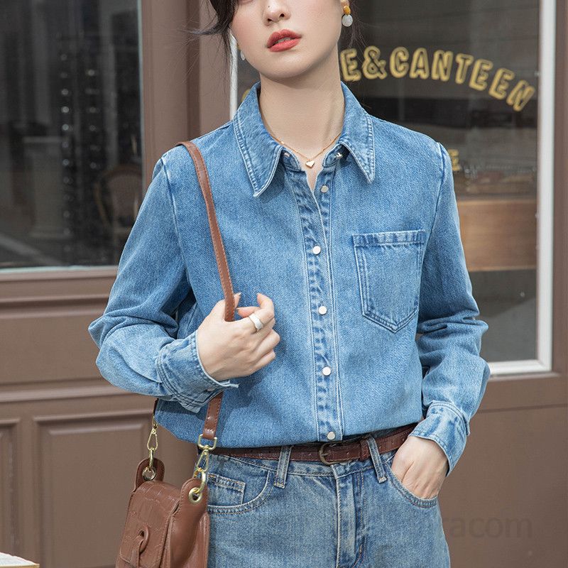 여성 데님 셔츠 긴팔 레이어드 스타일 루즈핏 캐주얼 봄 가을용 홍콩 레트로 감성 시원한 착용감 편안한 일상 코디용 - 상품 이미지