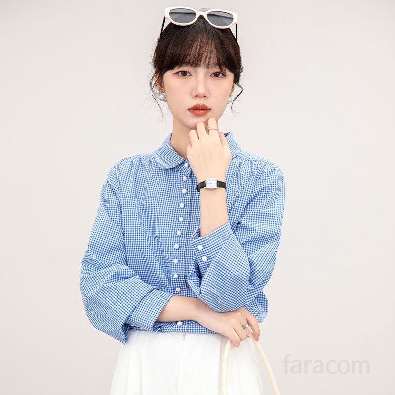여성 블루 체크 긴팔 셔츠 봄 가을 캐주얼 스타일 다용도 코튼 셔츠 시원한 착용감 편안한 외출용 - 상품 이미지