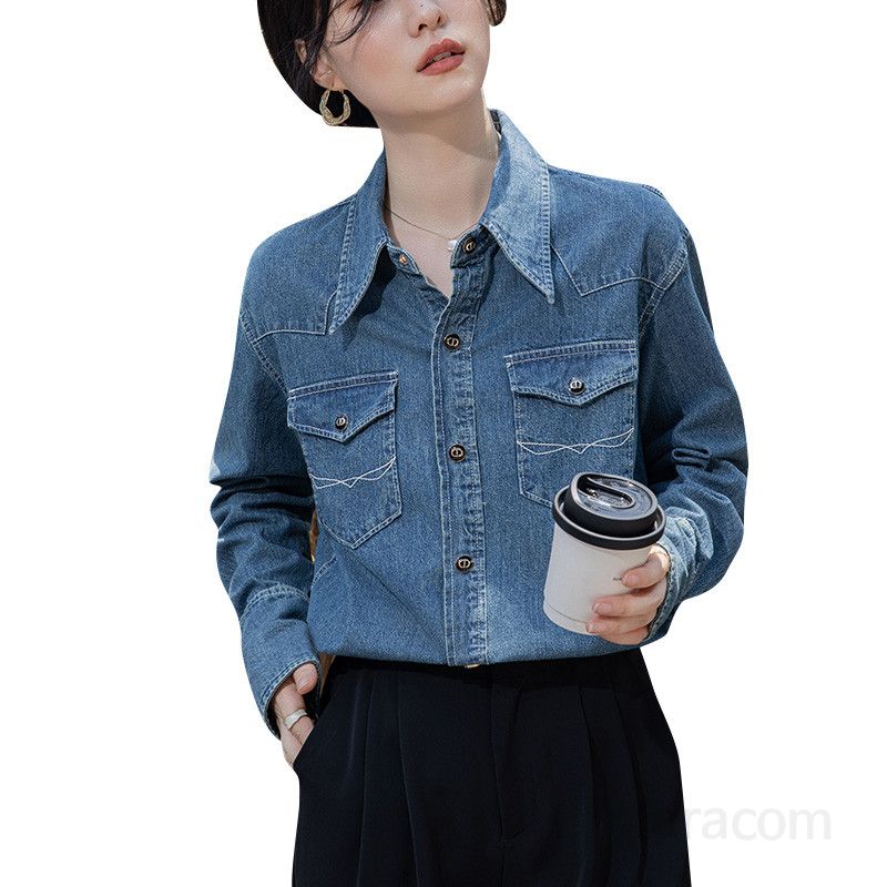 여성 데님셔츠 레트로 홍콩 스타일 루즈핏 긴팔 봄가을 캐주얼 레이어드 청남방 시원한 코튼 소재 편안한 착용감 모던한 디자인 - 상세 이미지 5