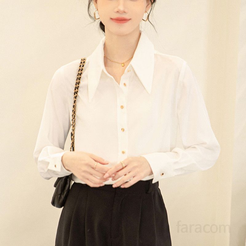여성용 흰색 주름 방지 긴팔 셔츠 면접용 오피스룩 봄 가을 정장 스타일 우아한 심플한 착용감 여자 정장 셔츠 데일리 활용 가능 - 상품 이미지