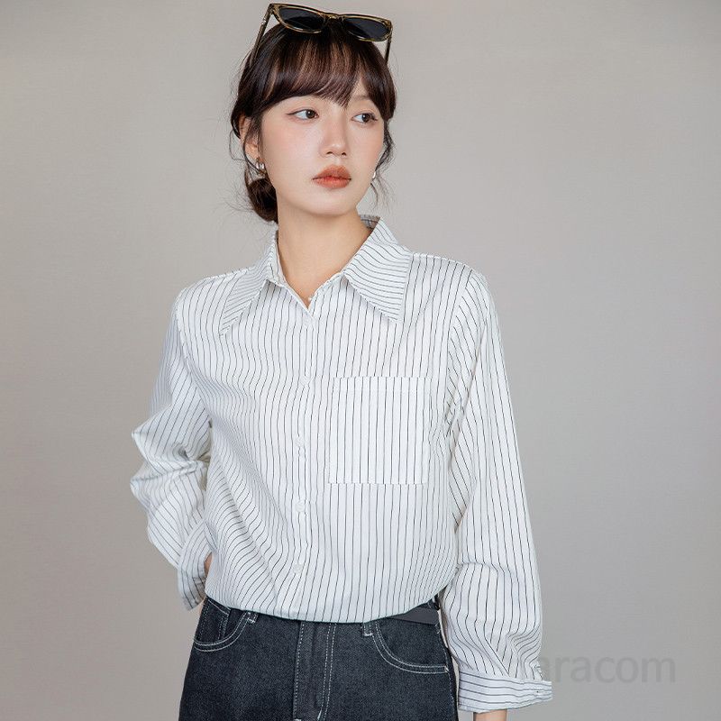 여성 스트라이프 셔츠 봄 출근용 루즈핏 코튼 탑 세로 패턴 구김없는 스타일리시한 데일리룩 편안한 착용감 레트로 패션 - 상세 이미지 5