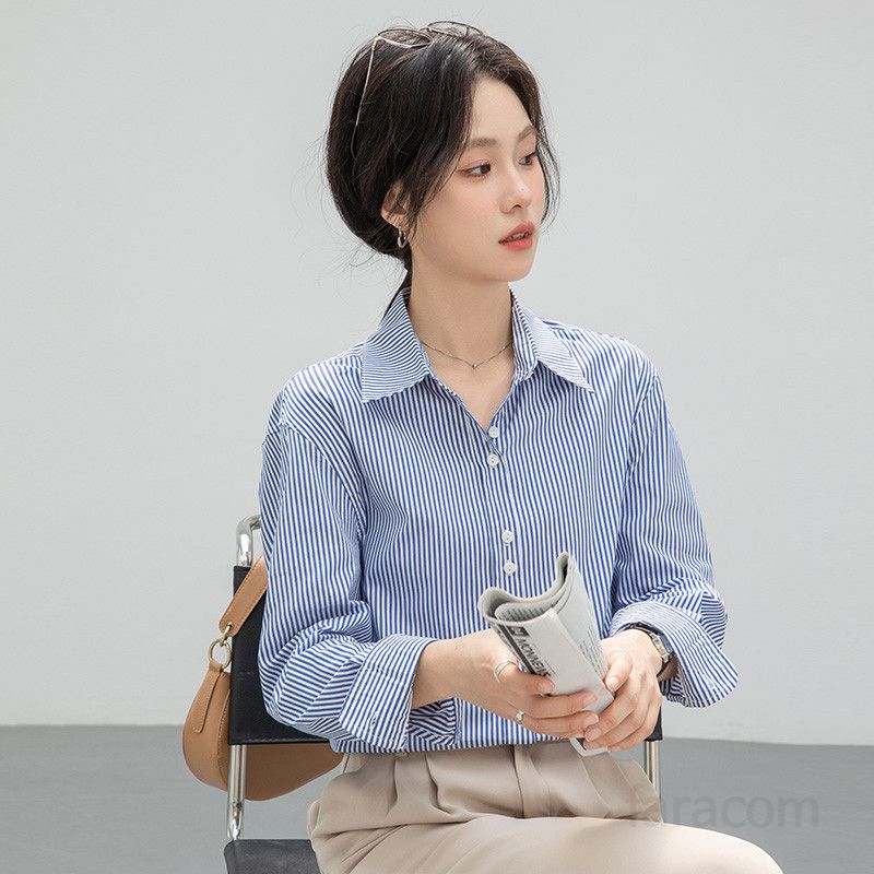 여성 스트라이프 셔츠 긴팔 캐주얼 루즈핏 봄 가을 데일리 시원한 착용감 블라우스 코디 쉬운 편안한 외출용 스타일리시한 디자인 - 상품 이미지