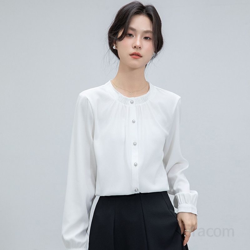여성 라운드넥 러플 블라우스 루즈핏 긴팔 우아한 봄 가을 데일리 셔츠 스타일리시한 통근용 캐주얼룩 하객룩 모던한 디자인 - 상품 이미지