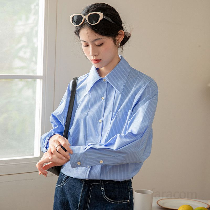 여성 루즈핏 린넨 긴팔 셔츠 여름용 데일리 폴로 칼라 재킷 스타일 시원한 착용감 구김없는 캐주얼 남방 블라우스 - 상품 이미지