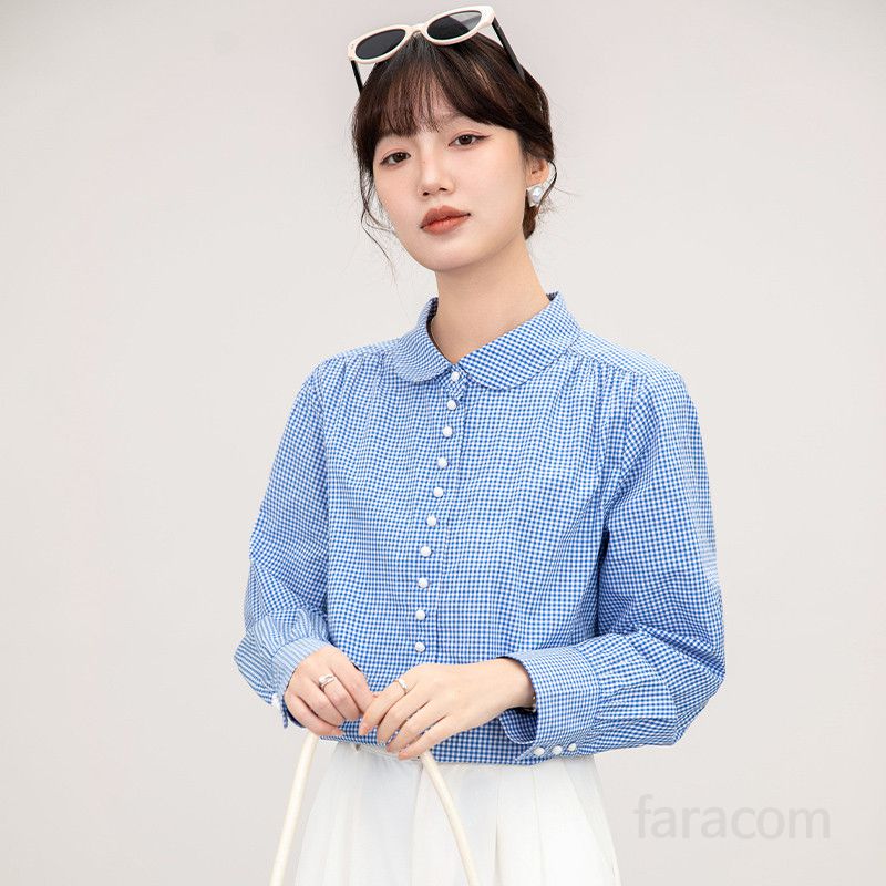 여성 블루 체크 긴팔 셔츠 봄 가을 캐주얼 스타일 다용도 코튼 셔츠 시원한 착용감 편안한 외출용 - 상세 이미지 5