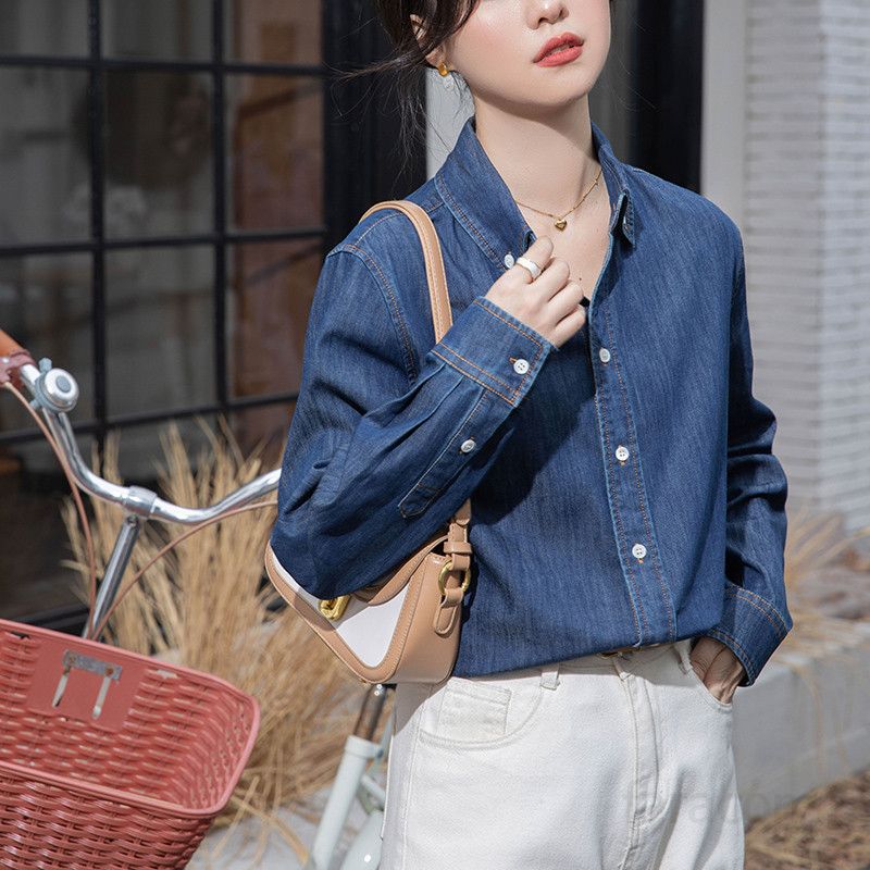 여성 루즈핏 데님 셔츠 봄 가을 레이어드용 홍콩 스타일 롱슬리브 구김없는 캐주얼 블라우스 패션 아이템 - 상세 이미지 3
