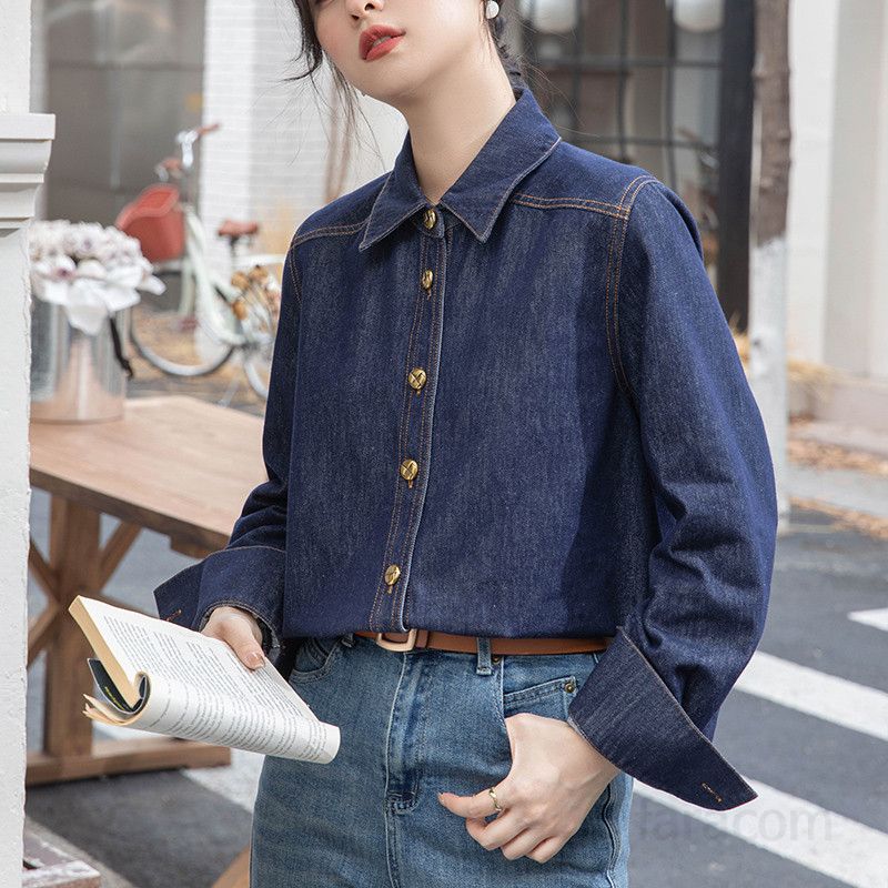 여성용 데님 셔츠 봄 가을 레이어드용 루즈핏 긴팔 캐주얼 스타일 홍콩 레트로 블루 코튼 셔츠 패션 아이템 - 상세 이미지 5