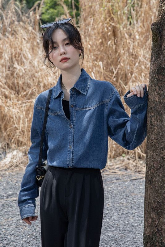 여성 데님 셔츠 봄 가을용 루즈핏 긴팔 캐주얼 레이어드 스타일 홍콩 레트로 디자인 편안한 착용감 모던한 여성용 탑 - 상세 이미지 5