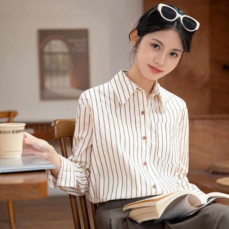 여성 스트라이프 셔츠 얇고 통기성 좋은 긴팔 여성용 셔츠 재킷 스타일링 가능한 데일리 패션 아이템 구김없는 스타일링 여성패션 셔츠 - 상세 이미지 2