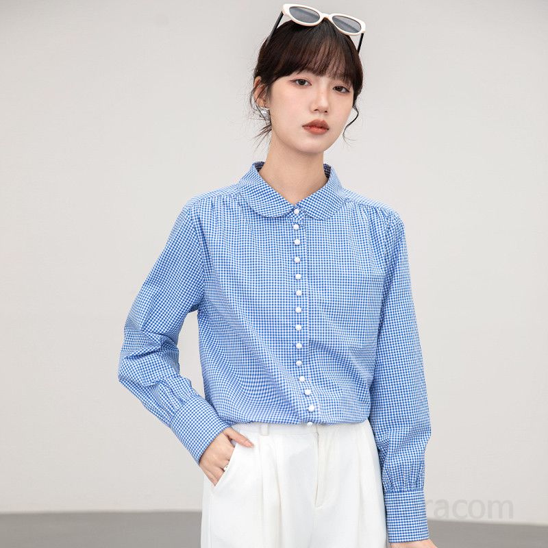 여성 블루 체크 긴팔 셔츠 봄 가을 캐주얼 스타일 다용도 코튼 셔츠 시원한 착용감 편안한 외출용 - 상세 이미지 2