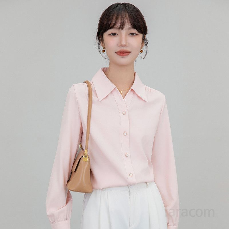 여성 루즈핏 긴팔 셔츠 핑크 출퇴근용 프랑스 디자인 구김없는 편안한 데일리룩 스타일링 쉬운 오피스룩 - 상세 이미지 4