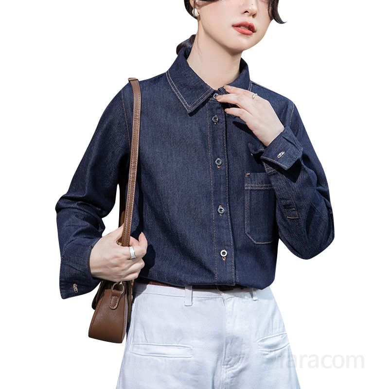 여성 루즈핏 데님 셔츠 봄 가을 레이어드 스타일 캐주얼 청남방 레트로 감성 홍콩 디자인 긴팔 탑 편안한 착용감 모던한 분위기 데일리룩 - 상세 이미지 5