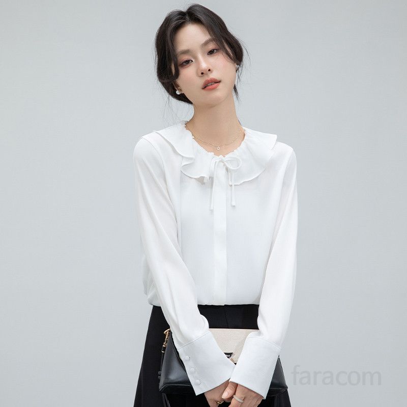 여성 러플 블라우스 봄 여름 라운드넥 셔츠 독특한 디자인의 데일리룩 통근용 캐주얼 스타일 시원하고 편안한 착용감 - 상세 이미지 3