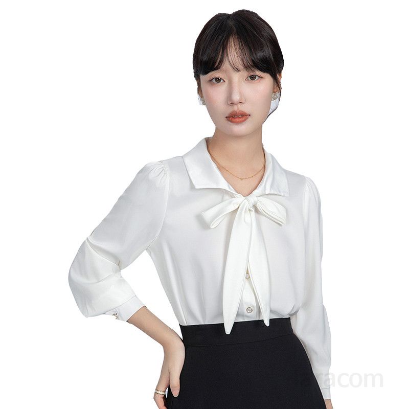 새틴 여성 화이트 블라우스 나비넥타이 셔츠 오피스룩 가을 출근룩 공식 인터뷰용 세련된 스타일의 편안한 착용감 여성정장 셔츠 - 상세 이미지 5