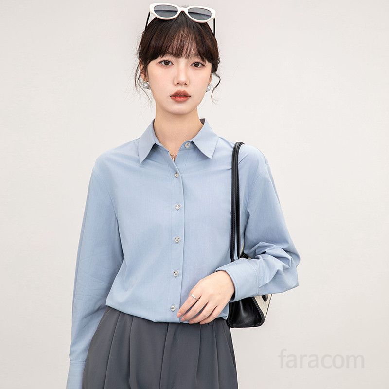 여성용 블루 드레이프 셔츠 봄 가을 정장 스타일 면접복 이너 탑 캐주얼한 착용감 통근용 데일리 셔츠 블라우스 - 상세 이미지 3