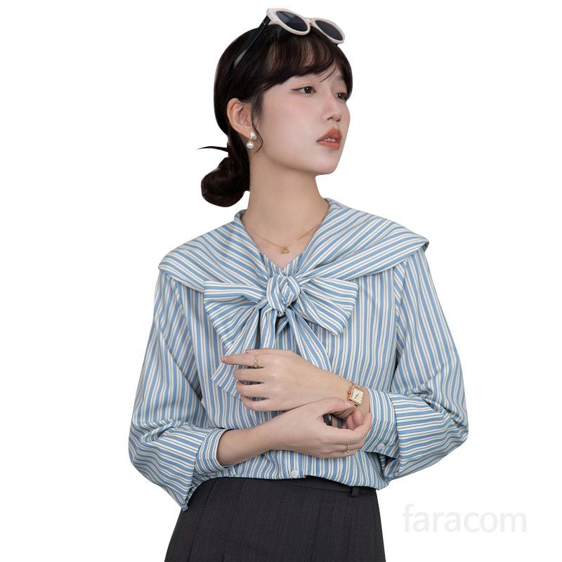 여성 루즈핏 스트라이프 셔츠 네이비 칼라 긴팔 프렌치 디자인 봄 스타일 구김없는 캐주얼 블라우스 데일리 패션 편안한 착용감 - 상세 이미지 5
