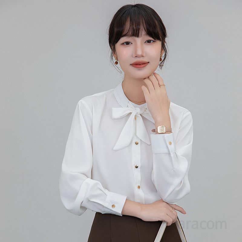 여성용 흰색 긴팔 셔츠 봄 가을 스타일 프렌치 나비넥타이 디자인 세련된 올매치 셔츠 데일리룩 고급스러운 분위기 연출 가능한 캐주얼 아이템 - 상세 이미지 4