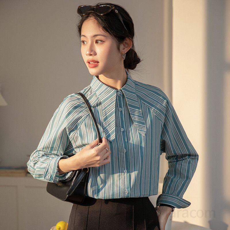 여성용 스트라이프 셔츠 여름용 얇고 느슨한 긴팔 캐주얼 탑 재킷 스타일 시원한 착용감 데일리 외출용 모던한 디자인 - 상품 이미지