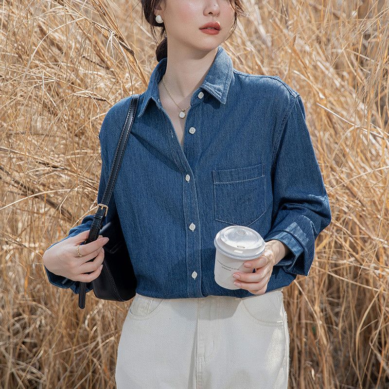 여성 데님 셔츠 루즈핏 긴팔 캐주얼 봄가을 레트로 홍콩 스타일 코튼 소재 편안한 일상 외출용 스타일링 모던한 디자인 - 상세 이미지 3