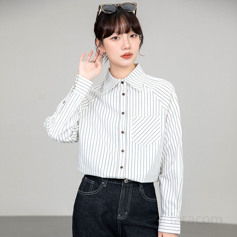 여성 스트라이프 긴팔 셔츠 가을 캐주얼 슬림핏 코튼 남방 데일리 오버핏 스타일 구김없는 편안한 착용감 다용도 디자인 - 상세 이미지 5
