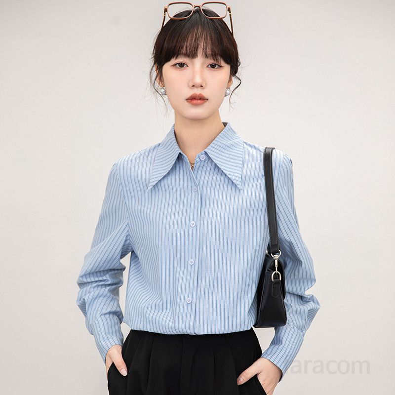 여성 스트라이프 루즈핏 셔츠 봄 가을 데일리 블라우스 구김없는 캐주얼 옥스포드 스타일 통근용 편안한 착용감 모던한 패션 아이템 - 상품 이미지